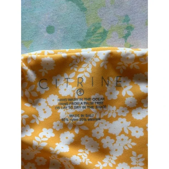 Citrine | One Piece Swimsuit Small Yellow Floral Tie Shoulder Square Neck Beach - Picture 6 of 7